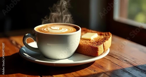 Cup of Cappuccino and Toast with Jam in Warm Light. Simple Breakfast with Cappuccino and Buttery Toast. Rustic Coffee and Toast Scene in Minimal Aesthetic.