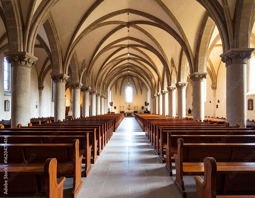 Fototapeta premium Grand church interior, arches, pews