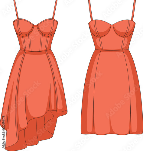 Stylish corset dress fashion sketch, women’s fitted bodice design, asymmetric hem eveningwear template, technical garment illustration, elegant dress drawing