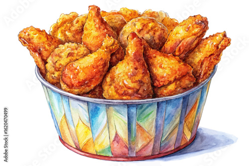Vector banner of a paper bucket filled with crispy fried chicken legs and wings. Perfect for fast food packaging, menu design, and comfort food visuals