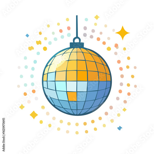 Disco ball surrounded by sparkling confetti for festive celebration or retro dance party illustration on a black background