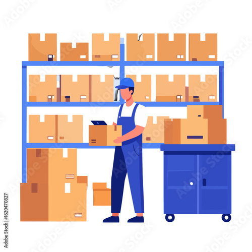 Warehouse worker in blue uniform scanning a cardboard box with a tablet in a stockroom.