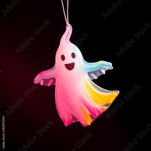 a delicate, translucent ghost toys made of colorful, suspended in mid-air, celebrating Halloween, set against a dark