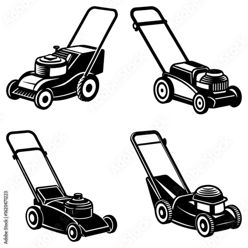 Four lawn mowers in black and white with different designs and handle styles for yard maintenance tasks