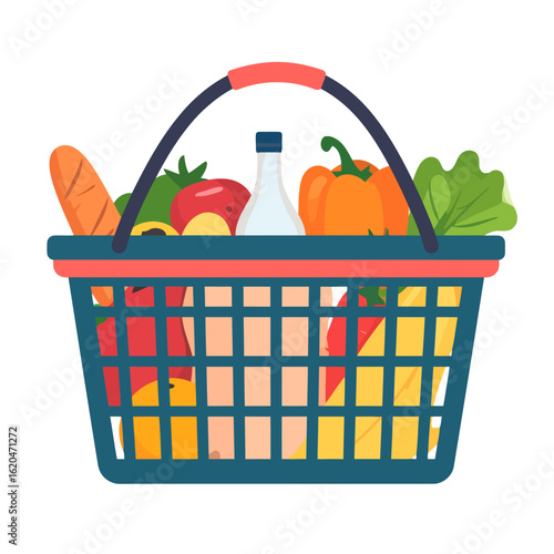 Full Grocery Shopping Basket with Assorted Produce and Dairy