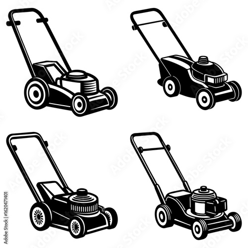 Four lawn mowers in black and white with different styles and designs on a white background image view