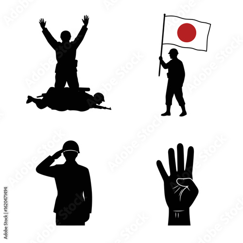 Vector art of silhouette of a soldier celebrating victory with arms raised, another soldier saluting, and a hand showing four fingers, isolated on white background