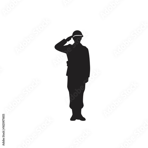 Vector art of front view silhouette of a soldier in uniform and helmet saluting, isolated on white background, symbolizing military pride and dedication
