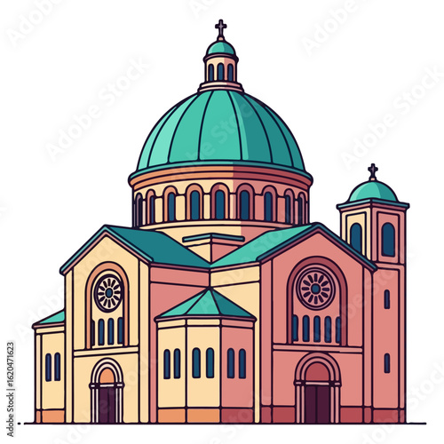 Flat design of a Catholic church with a round dome, classic style arched windows. Vector flat design cartoon. AI generated images.