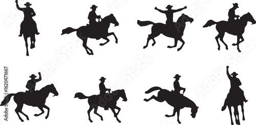 A vector set of black animal silhouettes, including horses and riders, perfect for equestrian sport illustrations