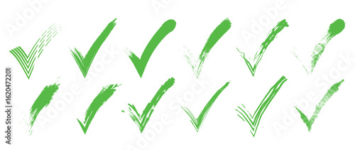 Green check mark icon set, click and right. Tick symbol in green color. Hand drawn checkmark illustration. Vector illustration