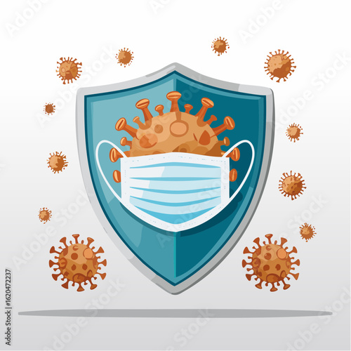Abwehr eines Virus mit Maske und Schutzschild – flache Vektorillustration