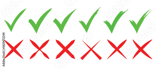 Green check mark and red cross icon set, circle and cross. Tick symbol in green color. Hand drawn checkmark and cross illustration. right and wrong