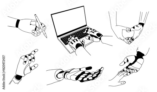 Set of robotic hands interacting with human hands, typing on a laptop, drawing, and gesturing. Minimalist black-and-white line art, Vector illustration isolated on transparent background.