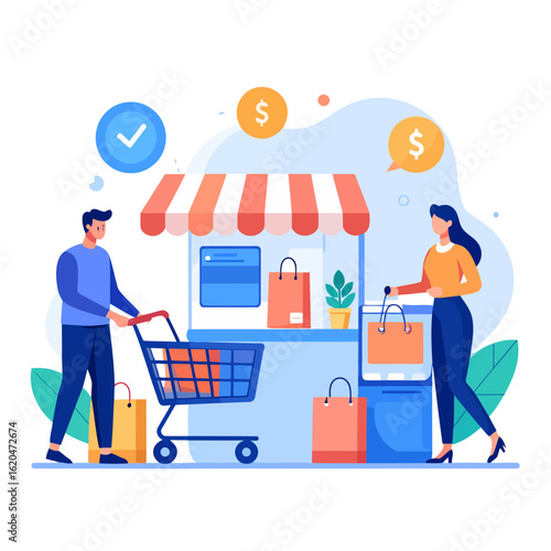 A couple shopping at a small market stall with a cart, bags, and floating currency icons.