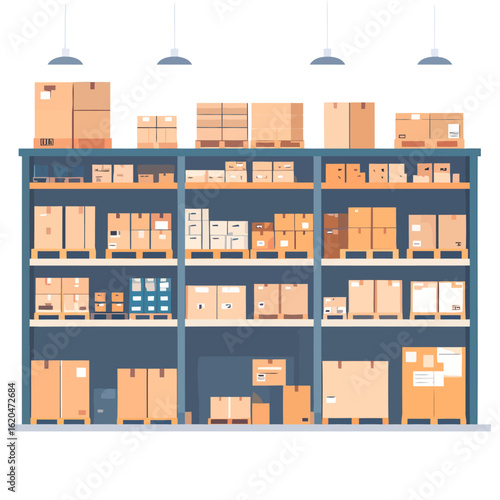 Organized Warehouse Shelving Unit Filled with Cardboard Boxes and Pallets