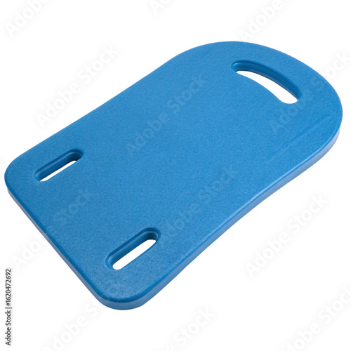 Blue foam swimming kickboard with three hand grip holes for training, isolated PNG transparent background