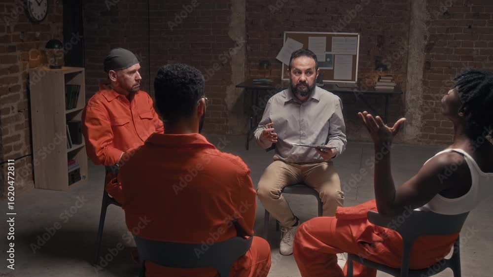 Medium full shot of middle-aged Caucasian male prison counselor ...