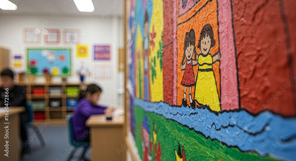 Naklejka premium Colorful mural with children in classroom
