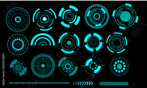Digital set with HUD elements (Callouts titles, Holograms projectors, circle sky-fi gadgets, frames) VR elements and shapes. Futuristic information bars and digital elements for App, GUI, UI, UX.