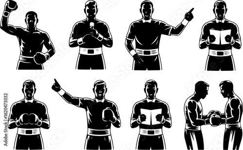 black silhouette vector illustrations of a boxing referee announcing the winner