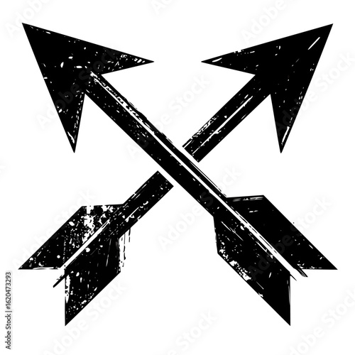 Distressed black crossed arrows icon with a rugged, weathered, and scratched texture.