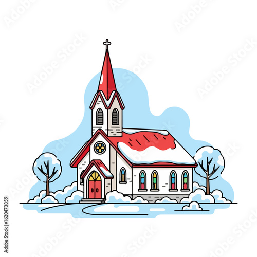 Flat design of a Catholic church in the middle of the snow, looking peaceful and quiet. Vector flat design cartoon. AI generated images.