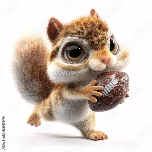 Cute Cartoon Squirrel Playing American Football in 3D Clipart Style on White Background