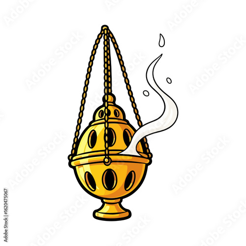 Cartoon of a golden Catholic censer, swaying on a chain with thin smoke rising. Vector flat design cartoon. AI generated images.