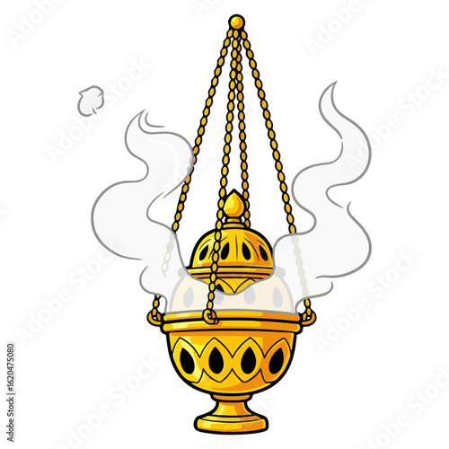 Cartoon of a golden Catholic censer, swaying on a chain with thin smoke rising. Vector flat design cartoon. AI generated images.