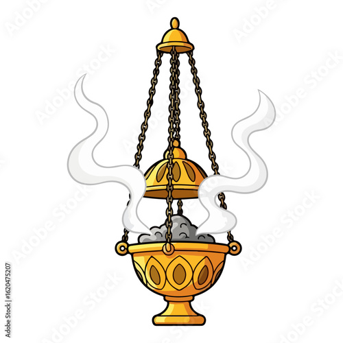 Cartoon of a golden Catholic censer, swaying on a chain with thin smoke rising. Vector flat design cartoon. AI generated images.