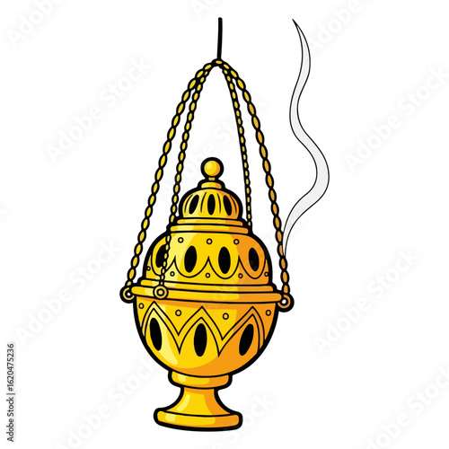 Cartoon of a golden Catholic censer, swaying on a chain with thin smoke rising. Vector flat design cartoon. AI generated images.
