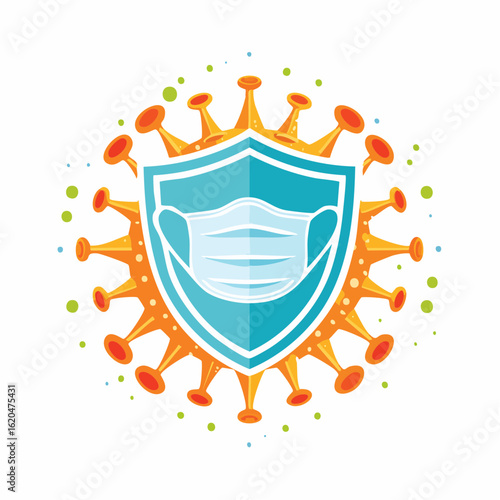 Abwehr eines Virus mit Maske und Schutzschild – flache Vektorillustration