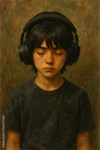 ヘッドフォンで音楽を聴く少年