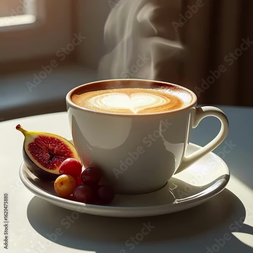 Fresh Fruit and Cappuccino on a Bright Morning Table. Cappuccino with Berries in Clean, Minimal Style. Juicy Fruits and Hot Cappuccino in Healthy Café Scene. Morning Coffee and Seasonal Fruit Pairing.