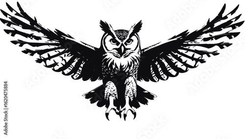 Silhouette of an Owl in Mid-Flight with Extended Claws and Spread Wings

