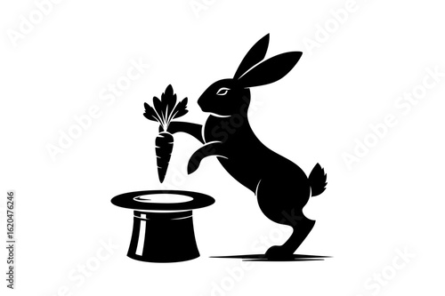 Magical Rabbit Performing Tricks with Carrot in a Hat, Graphic Illustration, Playful Environment