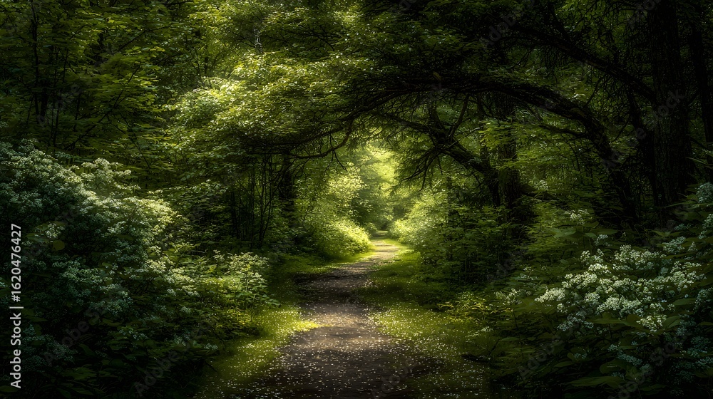 Fototapeta premium Sunlit path through a dense forest.