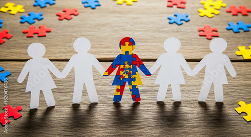 Autism awareness with colorful puzzle pieces and paper people