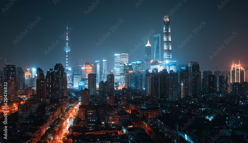 Fototapeta premium Vibrant cityscape at night with illuminated skyscrapers and traffic trails