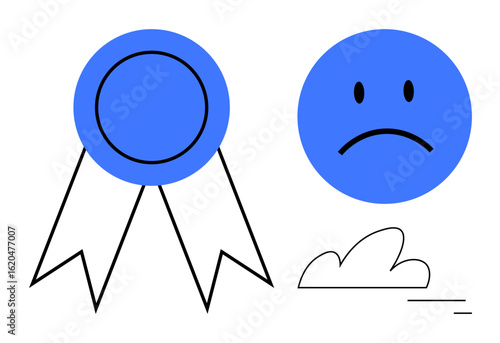 Blue award ribbon with a sad face alongside minimalistic elements thumbs up cloud and line evoke feelings of defeat. Ideal for achievement, failure, expectation, mood, psychology, motivation