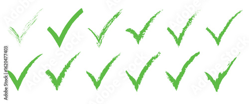 Green check mark icon set, click and right. Tick symbol in green color. Hand drawn checkmark illustration. Vector illustration