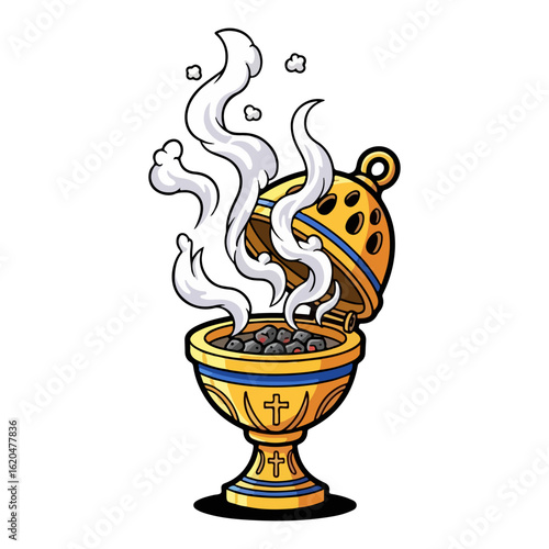 Cartoon of a Catholic incense burner, lid open with smoke rising. Vector flat design cartoon. AI generated images.