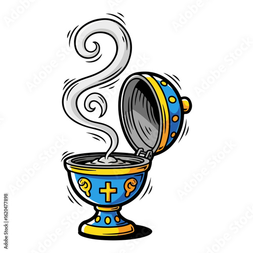 Cartoon of a Catholic incense burner, lid open with smoke rising. Vector flat design cartoon. AI generated images.