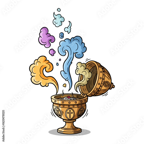 Cartoon of a Catholic incense burner, lid open with smoke rising. Vector flat design cartoon. AI generated images.