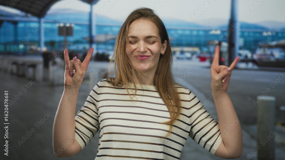 Fototapeta premium Young smiling caucasian woman in striped shirt raises both hands in rock horns gesture at airport terminal; excitement.