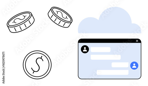 Coins and cloud over interface with user icons and messages. Ideal for finance, fintech, online transactions, communication, cloud computing, digital services, simple landing page