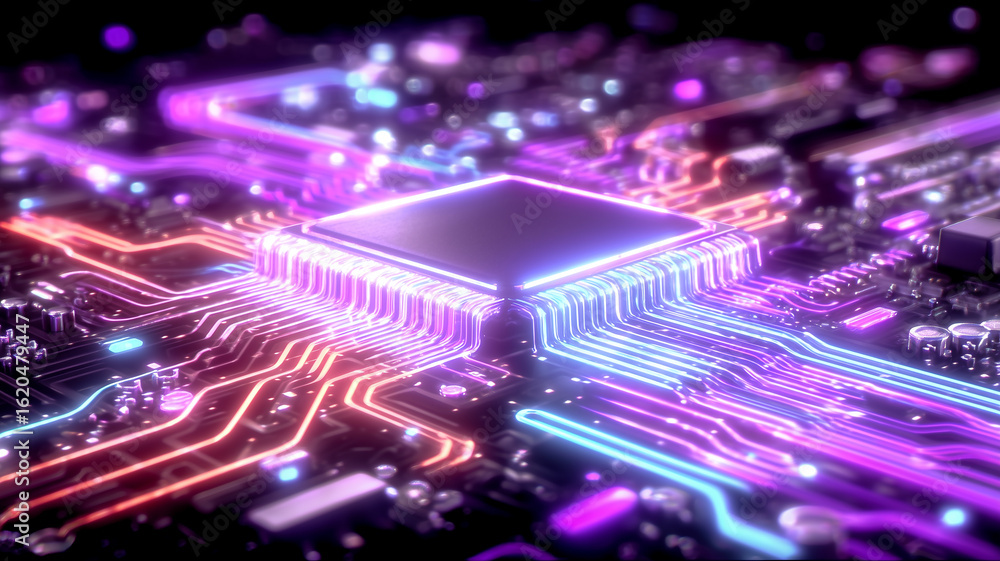 Fototapeta premium Neon lit microprocessor hub channels multicolour circuits outward, symbolising the dynamic core of high performance computing and the electric synergy driving future technology. 