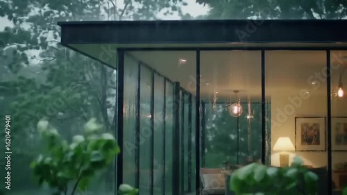 Modern Glass House in the Rain