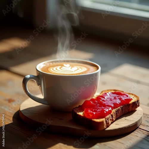 Cup of Cappuccino and Toast with Jam in Warm Light. Simple Breakfast with Cappuccino and Buttery Toast. Rustic Coffee and Toast Scene in Minimal Aesthetic.